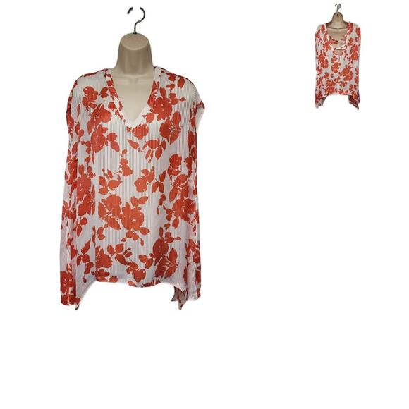 Bold Elements Floral V-Neck Blouse Hanky Hem White/Coral Size 2X - Picture 1 of 8